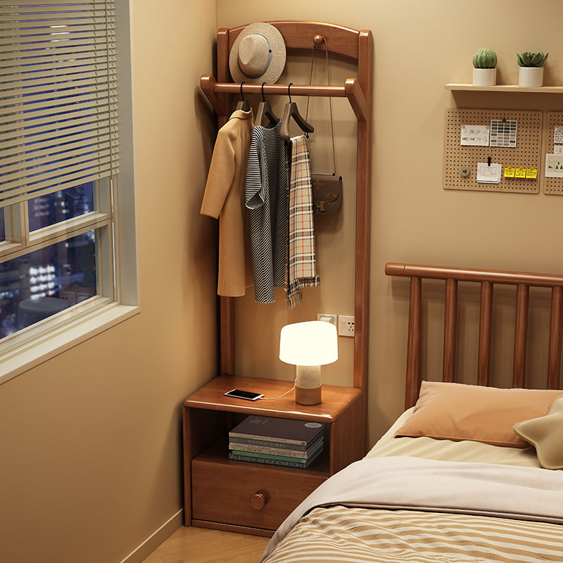 【限時優惠】實木衣架落地臥室衣帽架床頭柜一體簡易掛衣架家用儲物柜置物架子