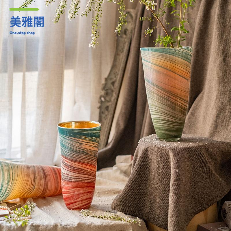 工廠直銷 花瓶 花瓶擺件 北歐風復古大花瓶客廳插花擺件法式小眾創意彩色玻璃情緒穩定裝飾 八折減免lyey
