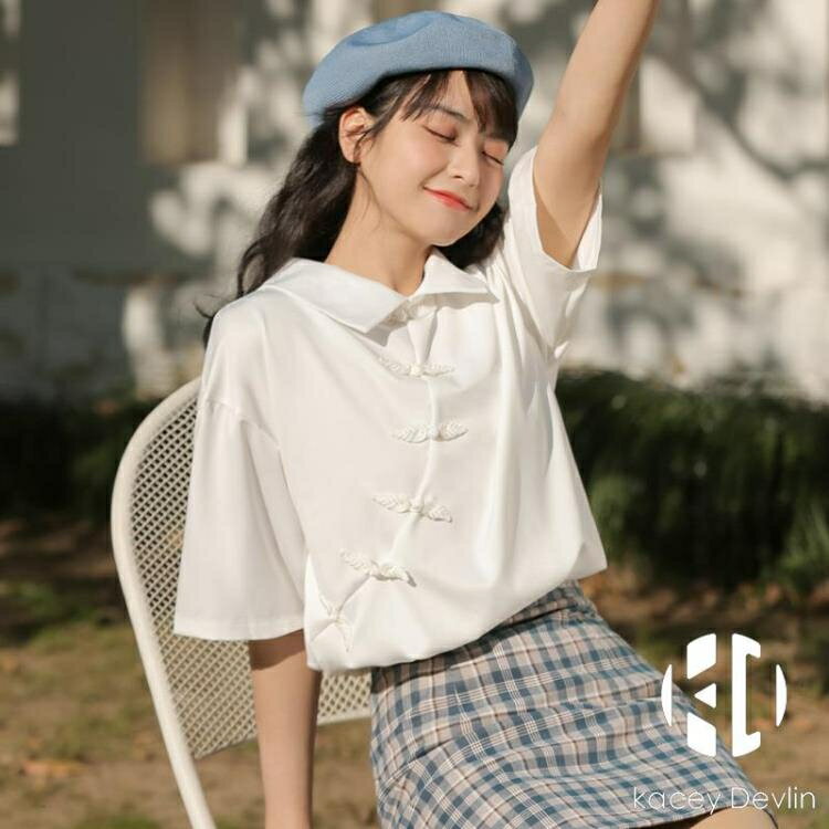 旗袍盤扣短袖襯衫女寬鬆polo翻領半袖白襯衣【聚物優品】
