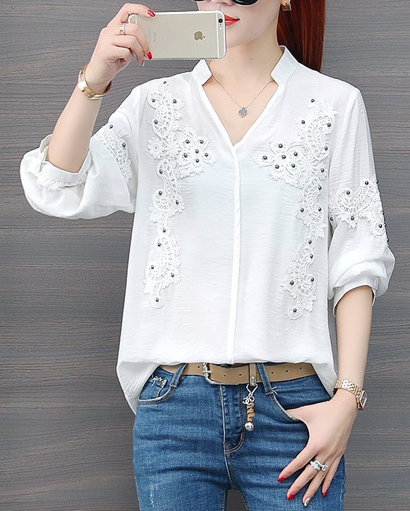 FINDSENSE品牌 秋季 新款 韓國 復古 氣質 V領 顯瘦 長袖襯衫 時尚 潮流 上衣