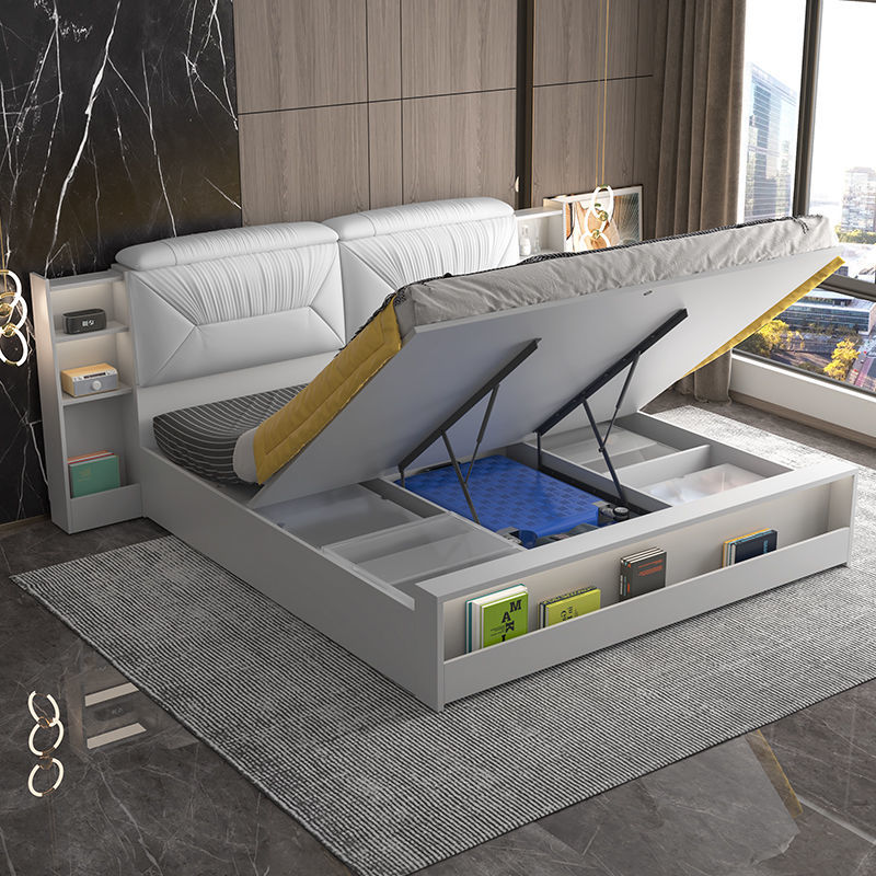 極簡北歐氣動高箱儲物床1.5米1.8米家用雙人床USB收納婚床
