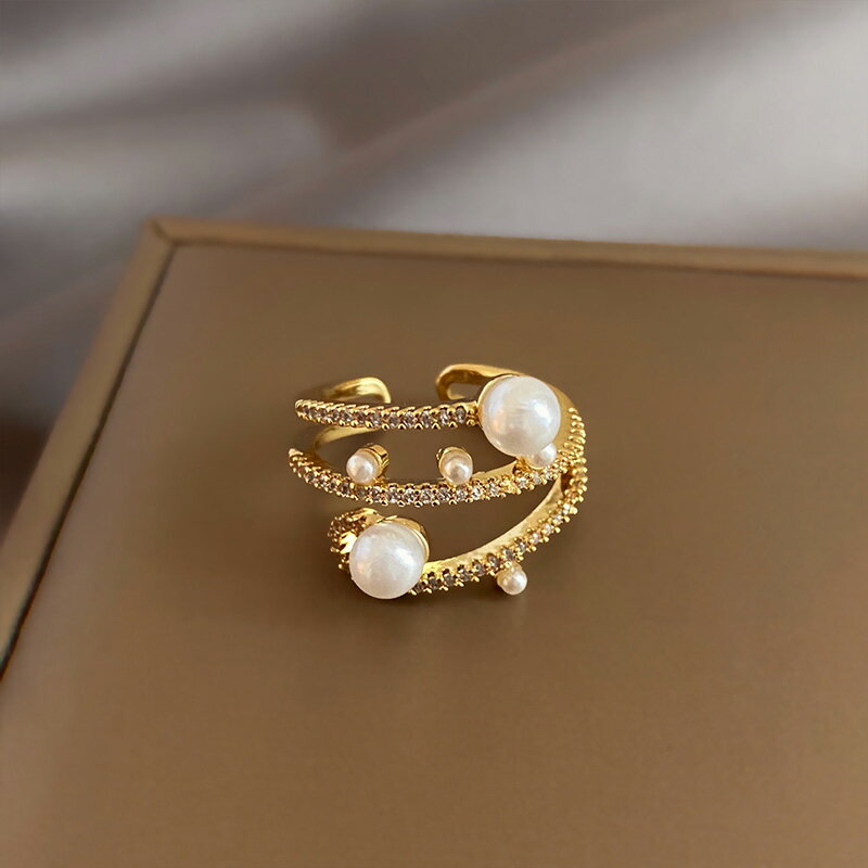 三層珍珠戒指女小眾設計時尚個性開口戒冷淡風高級輕奢食指環戒子