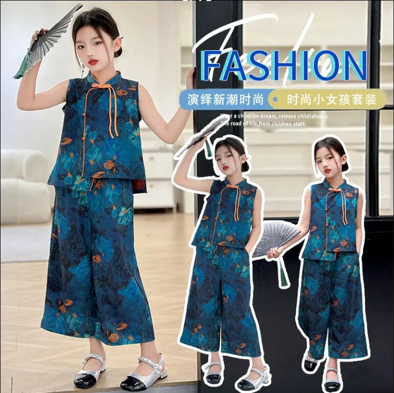 女童新中式套裝2024新款夏季漢服中國風碎花無袖上衣寬松闊腿褲潮【步行者戶外生活館】P