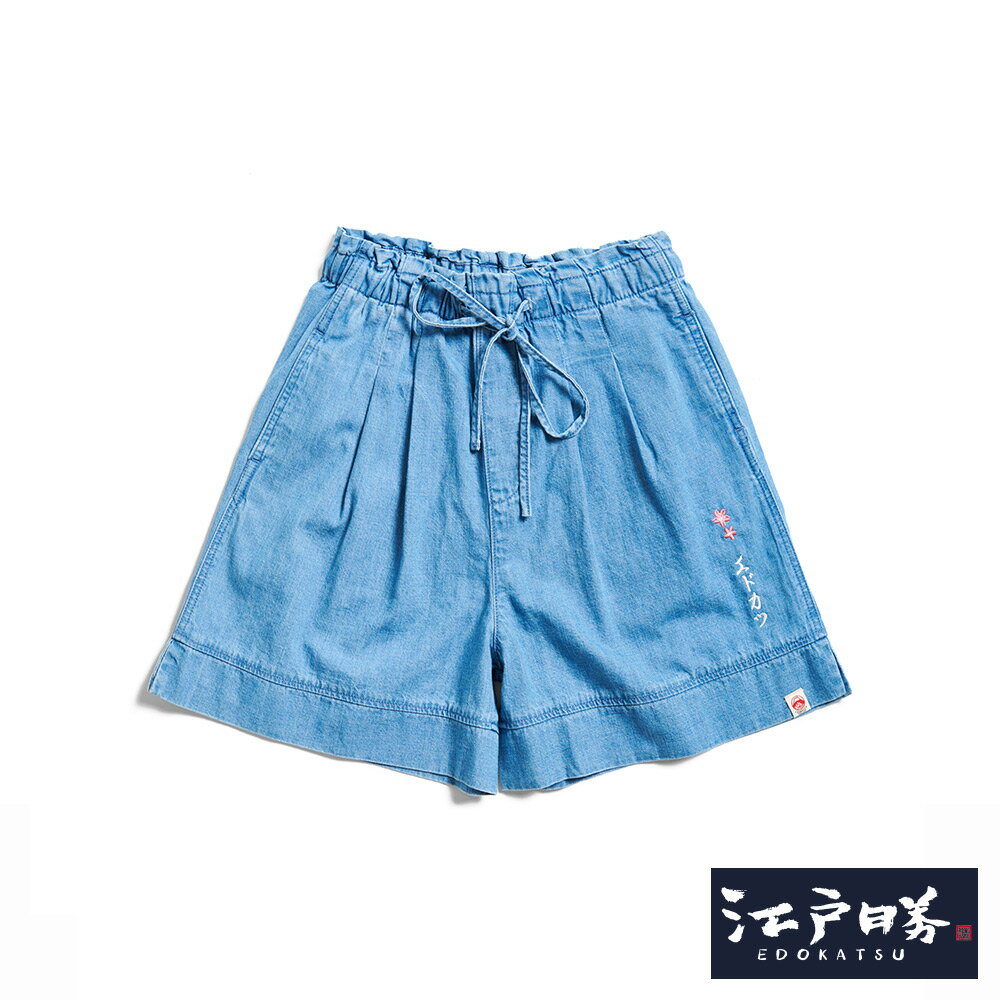 EDOKATSU江戶勝 女款 牛仔櫻花短褲 (重漂藍)-EDWIN官方旗艦店-日本商品推薦