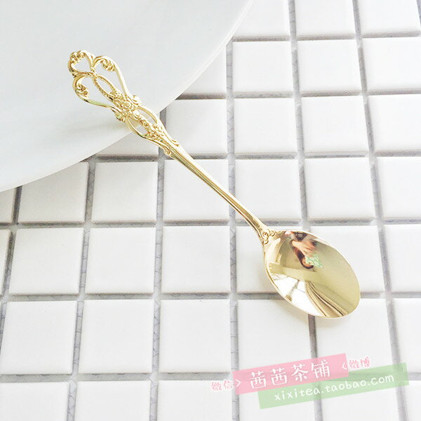salus日本餐具復古雕花鏤空不銹鋼鍍金金色咖啡勺甜品小勺子