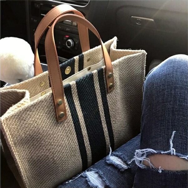 手提公事包職業條紋簡約單肩大包包大容量帆布包【雲木雜貨】