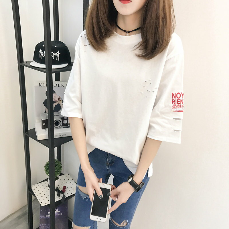 FINDSENSE G5 韓國時尚 夏季 圓領 鏤空 寬鬆 大尺碼 純色 破洞 短袖 T恤