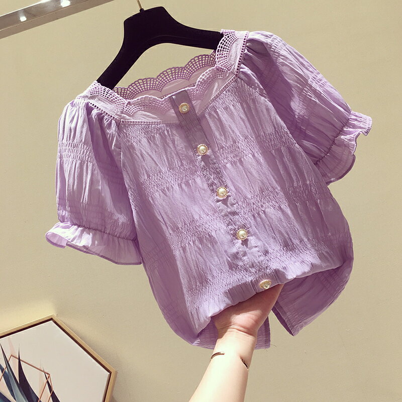 品牌折扣女裝專櫃撤櫃剪標清倉特價夏季紫色雪紡短袖娃娃衫上衣夏