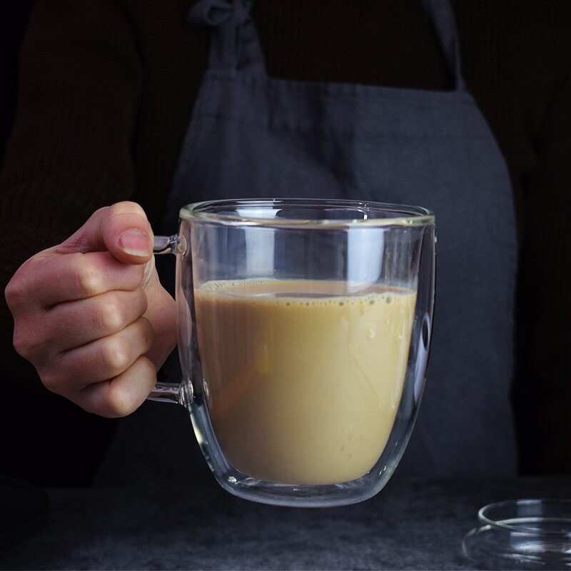 *高硼硅耐熱雙層玻璃水杯帶把隔熱咖啡杯帶蓋透明大容量馬克杯創