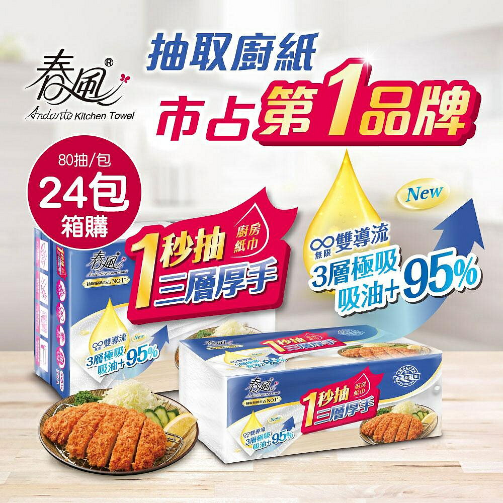 【現貨】廚房紙巾 餐巾紙 春風一秒抽三層厚手廚房紙巾(80抽x24包)箱購 整箱 一秒抽 紙巾 吸油 吸水 廚房必備 食品級製造 興雲網購