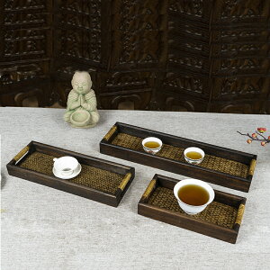 泰國木質藤編托盤杯子茶水盤長方形日式家用客廳喝茶茶具茶盤擺件