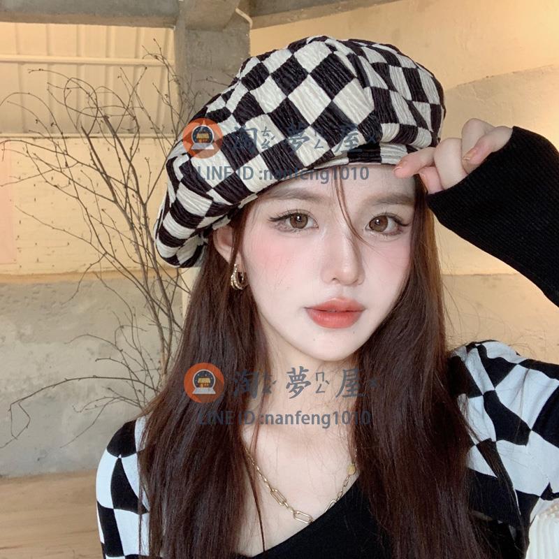 蓓蕾帽棋盤格子貝雷帽女 百搭雲朵帽大頭圍網紅畫家八角帽子【淘夢屋】