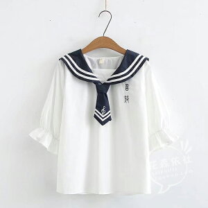 夏裝日系學院風小清新音符刺繡海軍領短袖襯衫學生少女白襯衣上衣