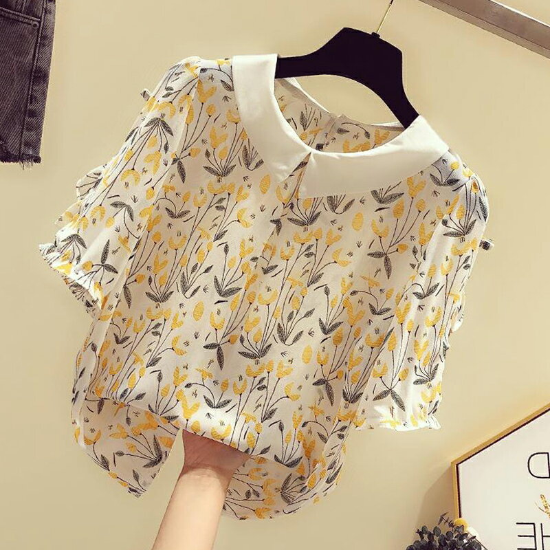 品牌折扣女裝專櫃撤櫃清倉碎花雪紡衫女短袖洋氣小衫娃娃領上衣夏
