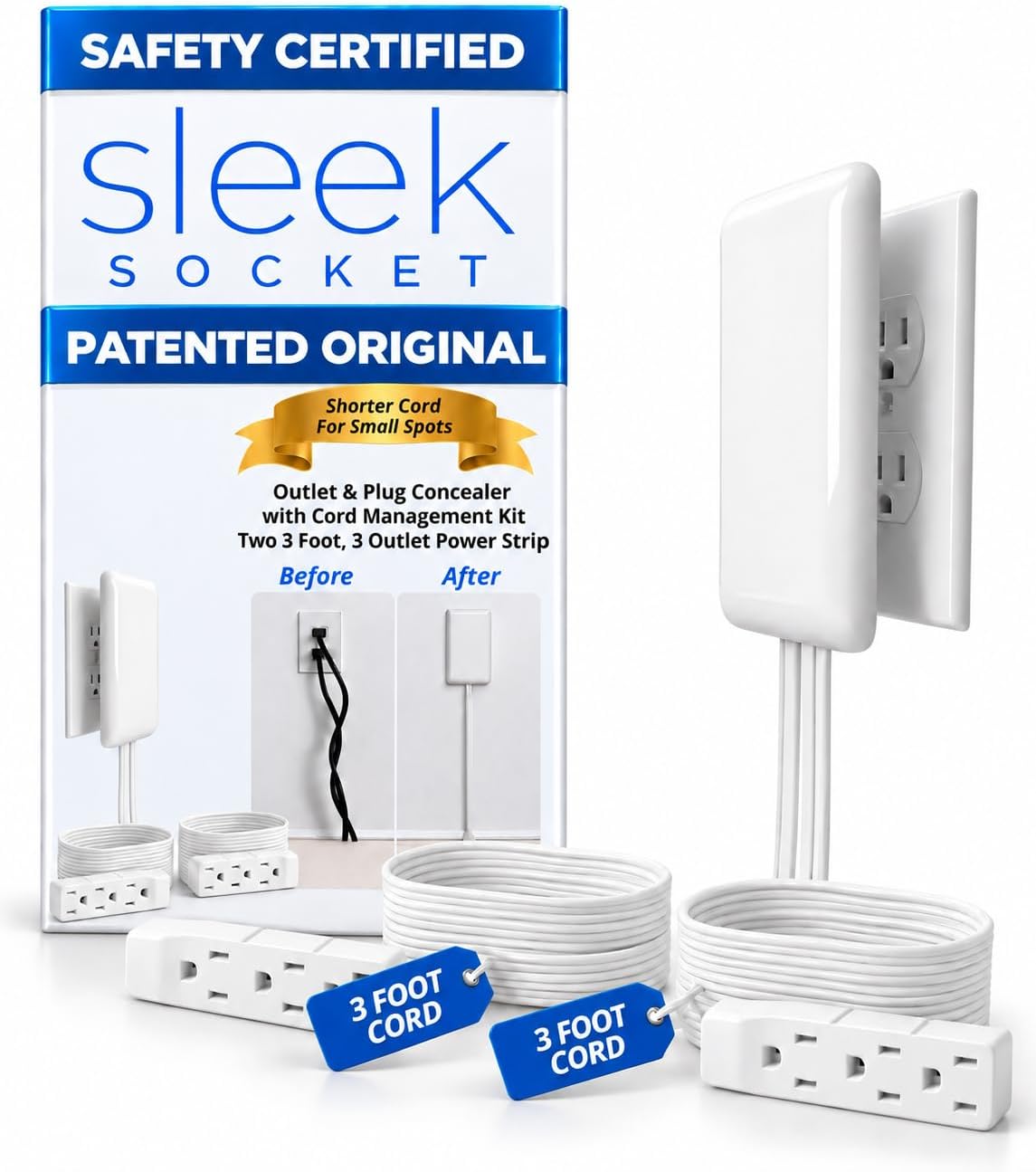 [6美國直購] Sleek Socket 平頭插座蓋式延長線 3插x雙線 90cm線長 UL認證 Original & Patented Flat Ultra-Thin Outlet Concealer