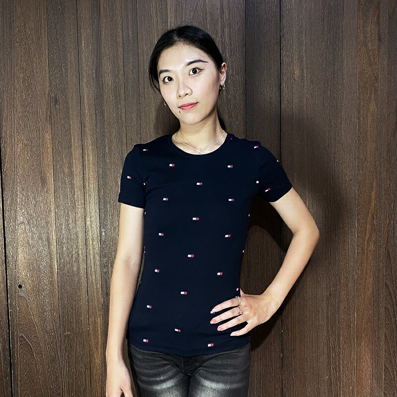 美國百分百【全新真品】Tommy Hilfiger 短袖 針織 T恤 女款 TH 上衣 logo 短T 深藍 CV12