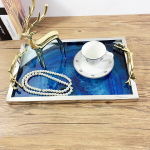 新古典歐式藍色瑪瑙石托盤擺件樣板房金屬裝飾品客廳餐桌收納擺設