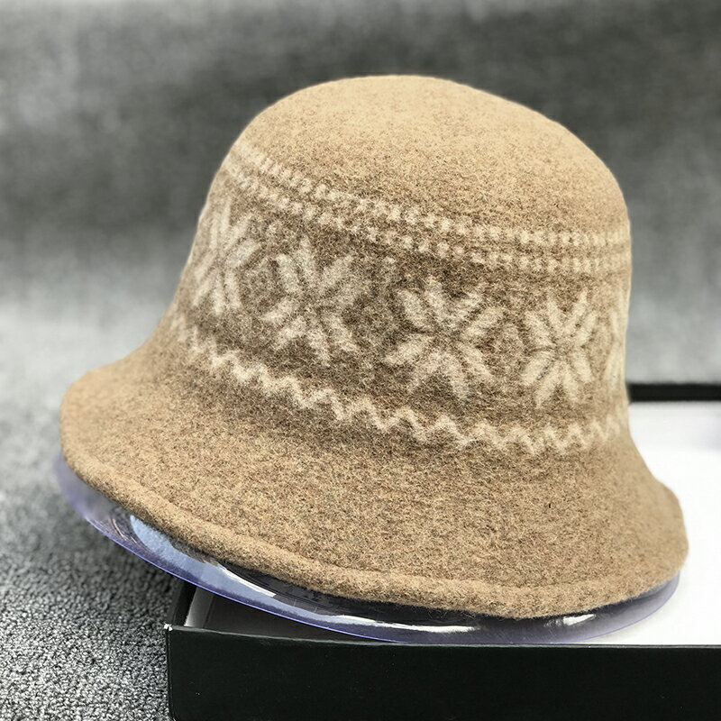 日本款羊毛針織雪花圖案可折疊保暖加厚百搭盆帽女漁夫帽子民族風1入