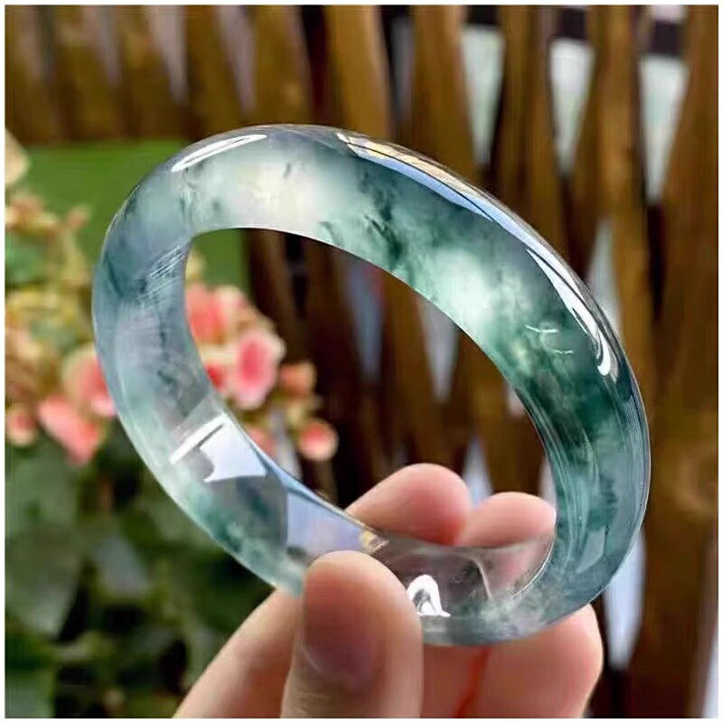 【現貨】高冰藍水飄花手鐲冰種圓條復古鐲子手鏈冰透獨龍玉翡翠色女款玉鐲【北歐家居生活】