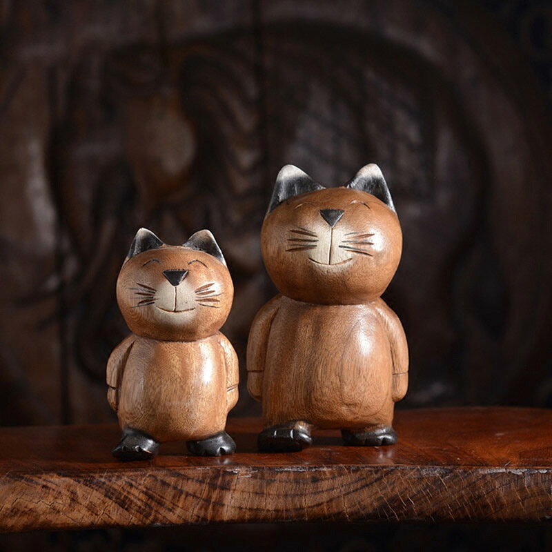 異麗家居用品裝飾創意禮物客廳玄關辦公室納財貓木雕貓咪小貓擺件