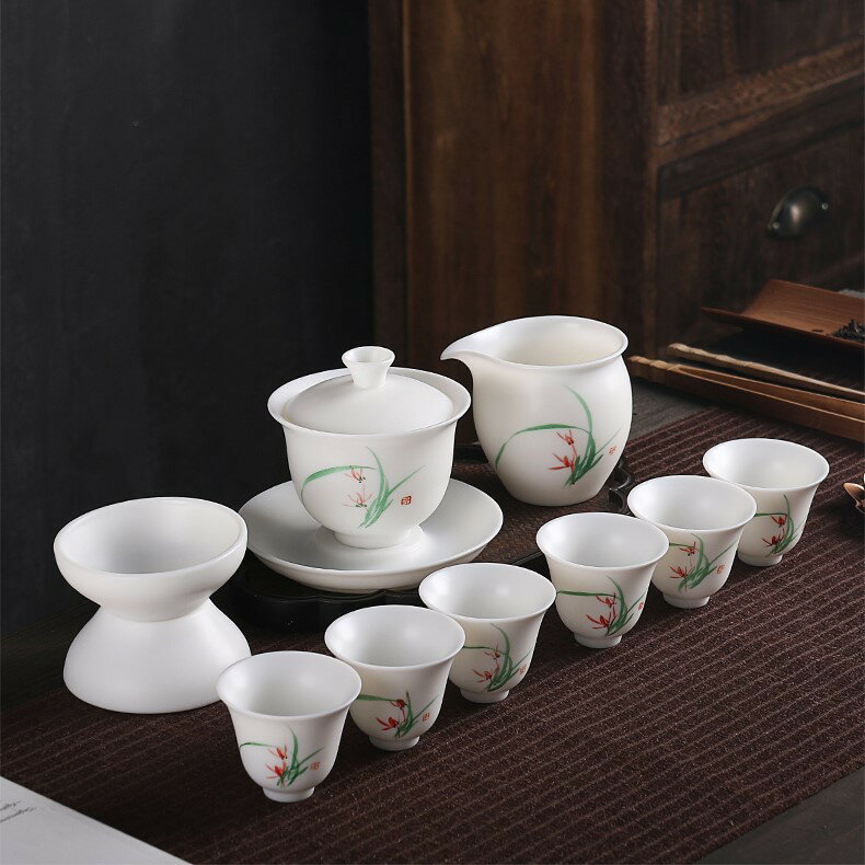 德化白瓷茶具套裝手工蓋碗手繪功夫茶杯羊脂玉瓷高檔商務禮品送禮