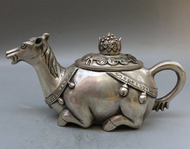 古玩精品銅器收藏純銅黃銅白銅鍍銀馬上發財銅壺駱駝酒壺茶壺擺件