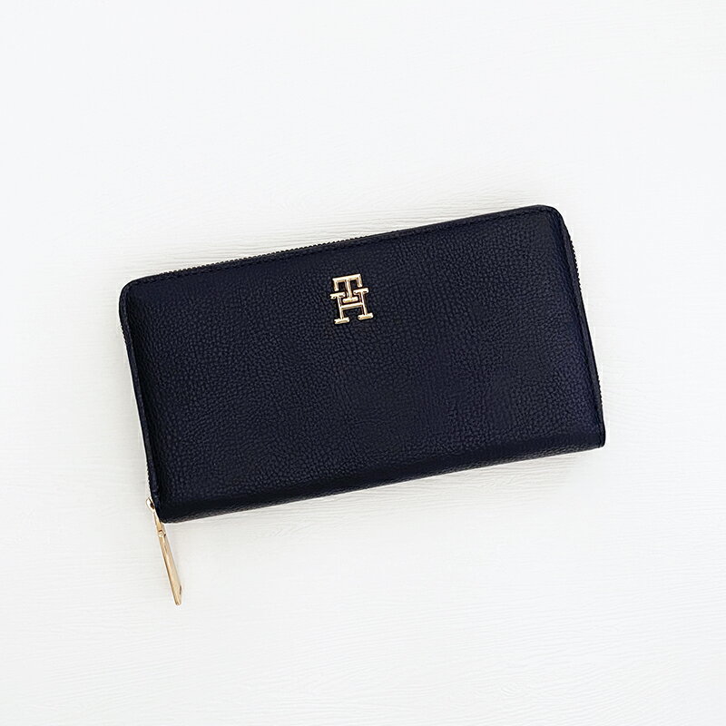 美國百分百【全新真品】Tommy Hilfiger 長夾 錢包 專櫃精品 配件 TH 荔枝紋 logo 素面 皮夾 深藍 DG01