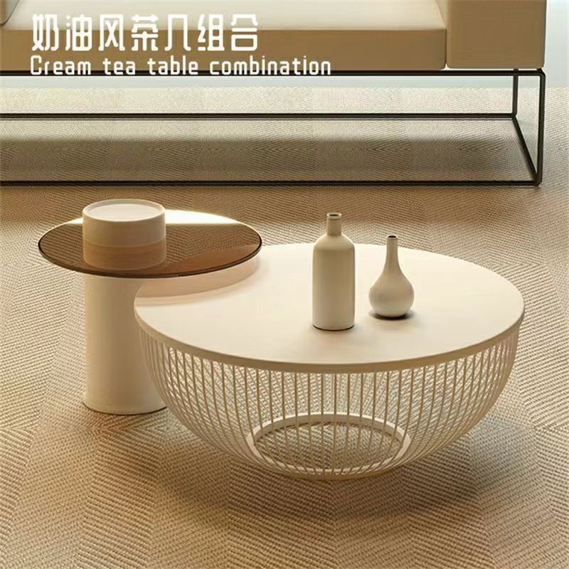 茶几 邊桌 奶油風巖板茶幾客廳家用小戶型現代簡約創意鐵藝邊幾圓形茶幾組合S0128公司貨