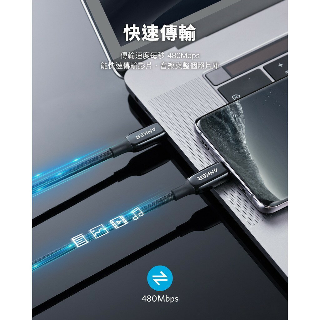 ANKER PoweLine+III USB-C to USB-C編織線0.9M(黑灰) A8862H11 6