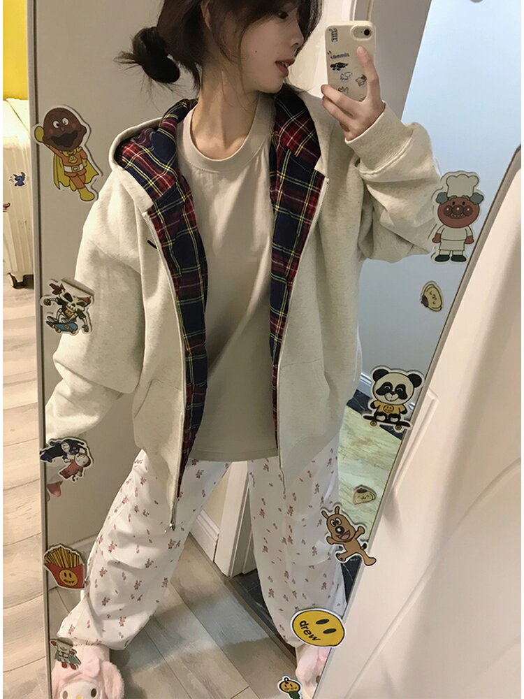拼接格子連帽衛衣外套女秋冬季加絨加厚開衫休閑美式復古棒球服潮