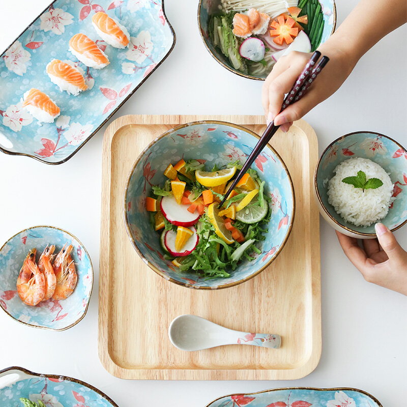 爛漫 日式手繪餐具 家用雪花釉盤子菜盤壽司魚盤米飯碗大湯碗