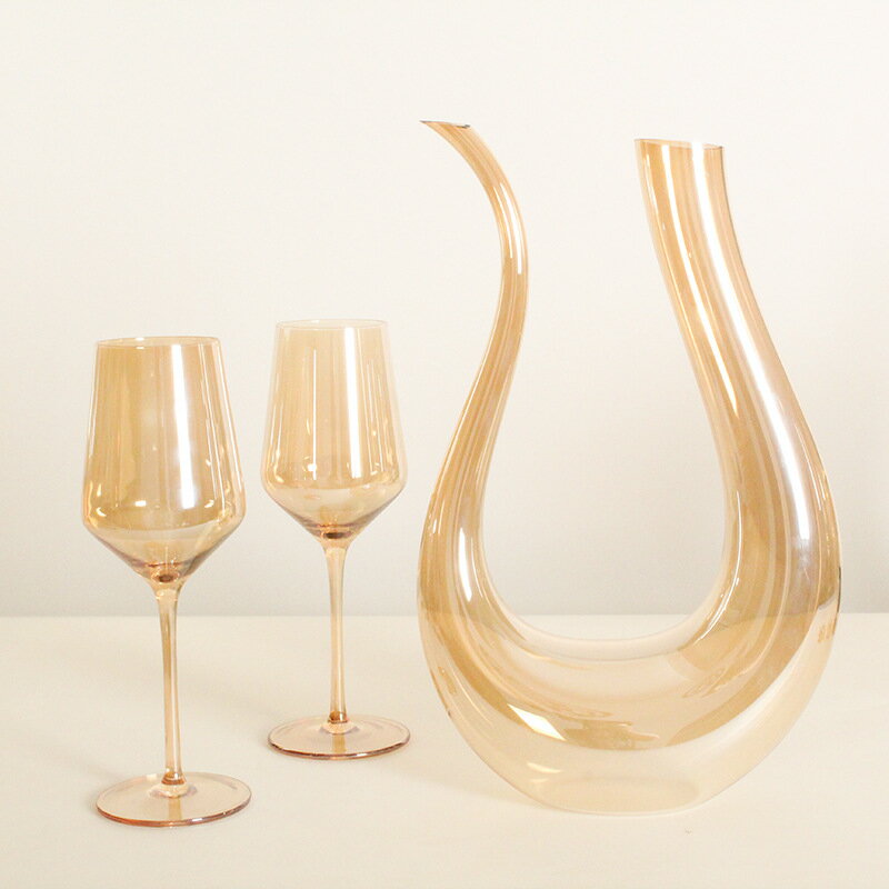 【喜挖】輕奢金色高腳杯擺件琥珀色水晶玻璃紅酒杯U型醒酒器彩色杯裝飾杯