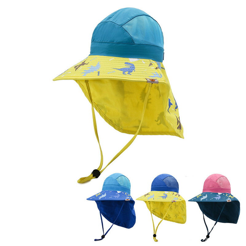 戶外 防曬 用品 ● 夏季寶寶遮陽帽透氣漁夫帽男女童海邊沙灘防曬帽大簷披肩運動帽子