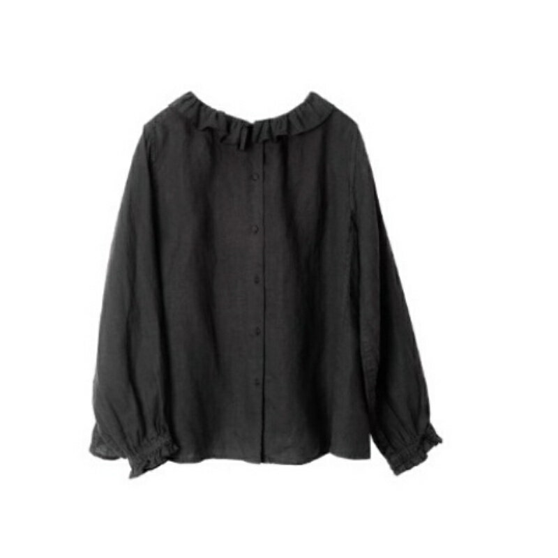 現貨+預購 襯衫長袖上衣-日系秋裝荷葉領亞麻女裝2色74kc87【獨家進口】【米蘭精品】