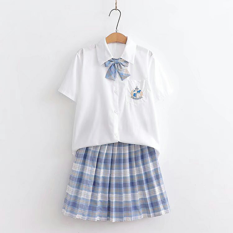 日系甜美蝴蝶領結白色短袖襯衫+格子百褶短裙兩件套女jk制服套裝