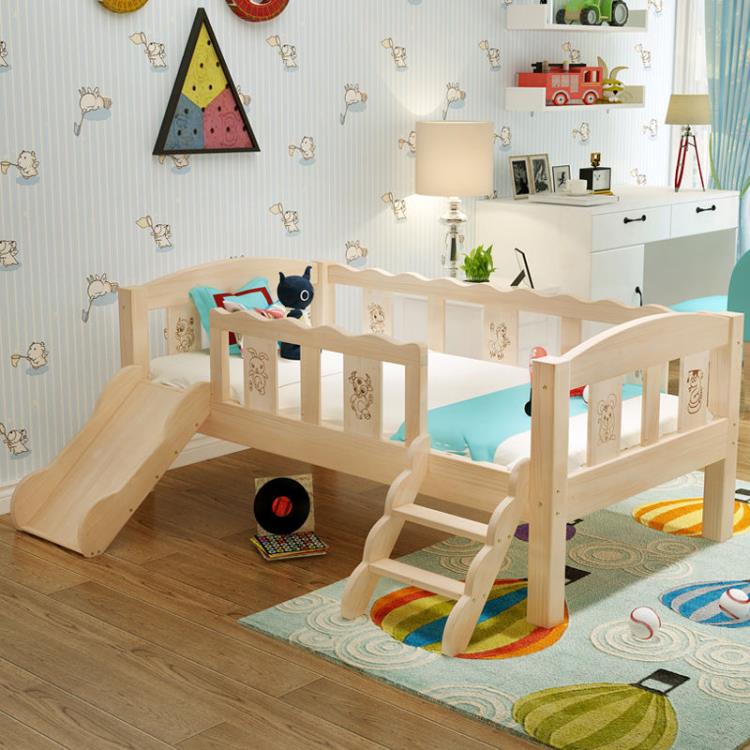 開發票 兒童床 帶欄桿實木拼接床男孩女孩床寶寶床滑滑梯床