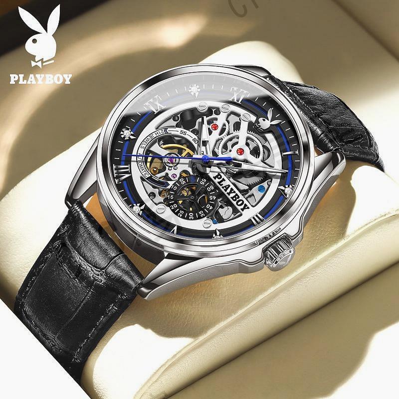 PLAYBOY 名牌手錶 (正品+原裝盒子） 3032全自動機械錶 鏤空透視休閒 禮物首選 男士手錶【亞德機械五金家居】