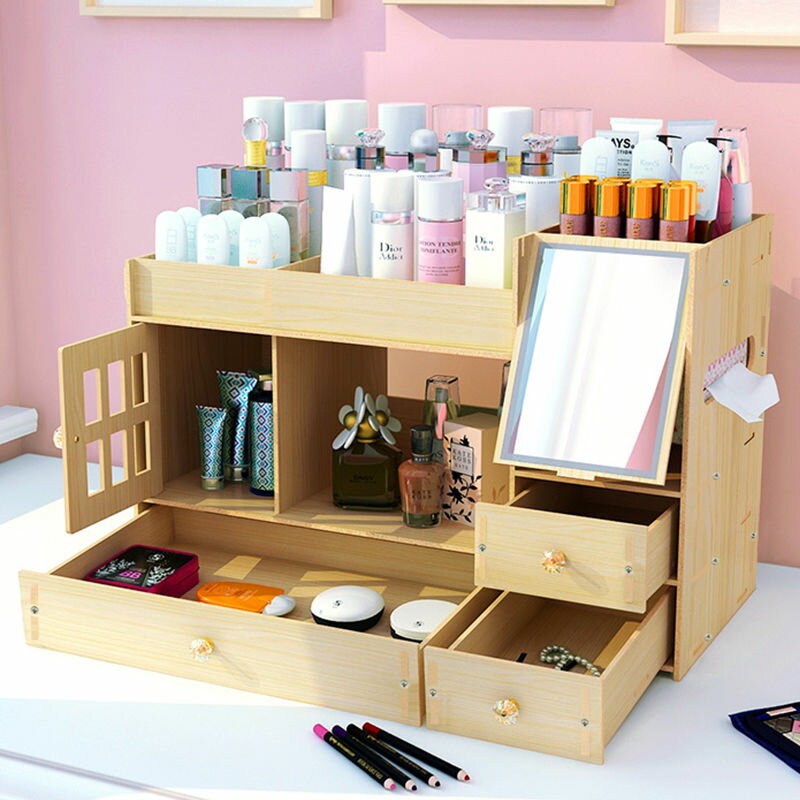 大號木質化妝品收納盒抽屜式家用桌面口紅護膚品整理梳妝臺置物架-快速出貨