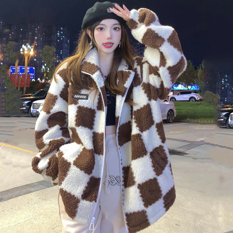 國潮hiphop羊羔絨外套女ins冬季復古寬松2021新款設計感小眾上衣