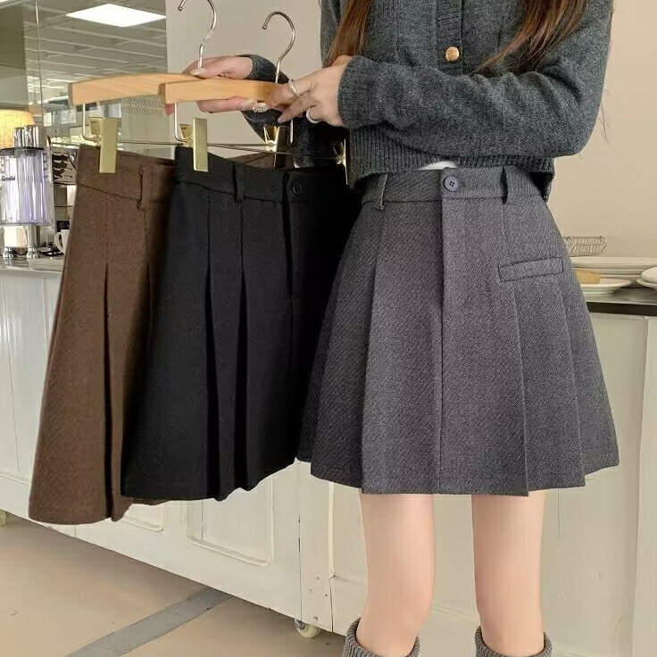 FUXI 毛呢短裙女 褲裙 加厚高腰垂感百搭闊腿短褲 寬鬆休閒A字短裙 百褶裙 半身裙 女生 短裙 裙子