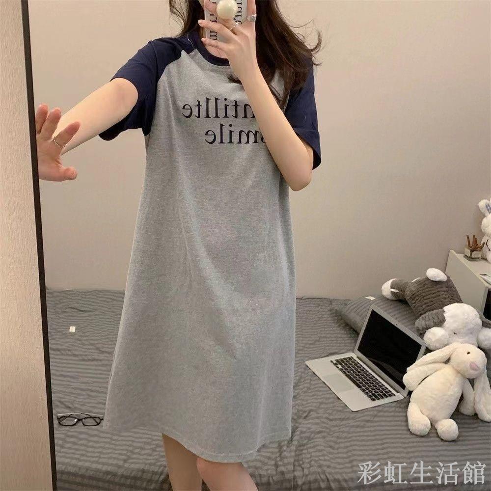 韓國睡衣薄款睡裙女宿舍ins風睡裙長款短袖棉質夏季家居服連衣裙