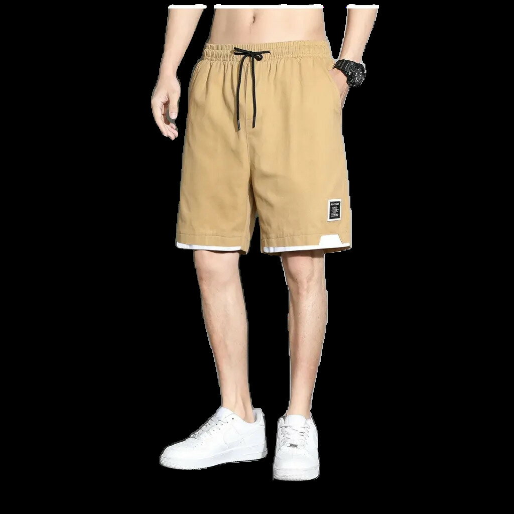 男生工作褲 大尺碼夏季休閒短褲 青少年韓版簡約貼標寬鬆五分褲 學院風寬鬆大尺碼短褲 舒適透氣涼爽海灘褲