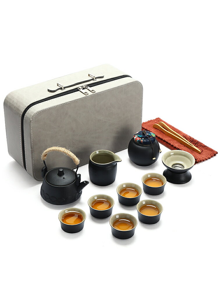 旅行茶具 隨身泡茶組 泡茶器 日式旅行功夫茶具小套裝家用簡約泡茶壺陶瓷茶杯戶外茶盤便攜式包『ZW7166』