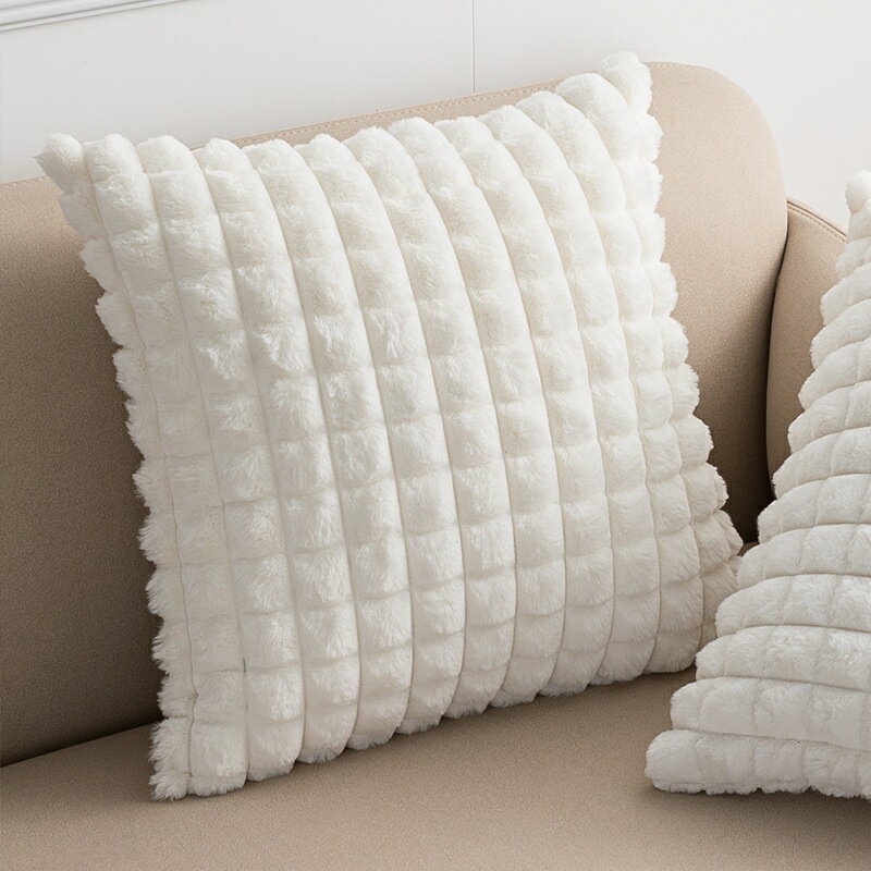 素色長毛絨靠枕 現代簡約ins抱枕 客廳沙發暗紋格子靠墊抱枕套