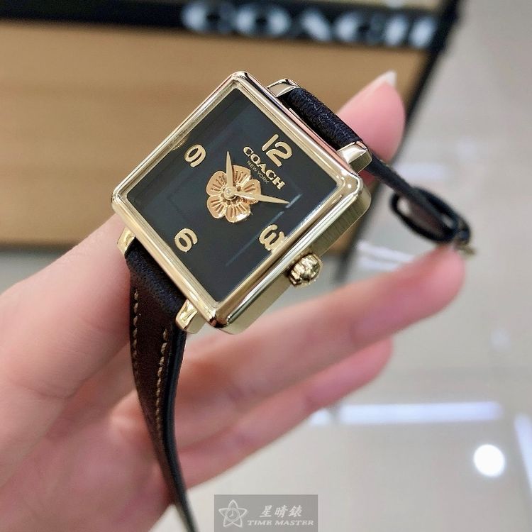 COACH手錶,編號CH00220,22mm金色方形精鋼錶殼,黑色簡約, 中二針顯示錶面,深黑色真皮皮革錶帶款,立體感方糖錶