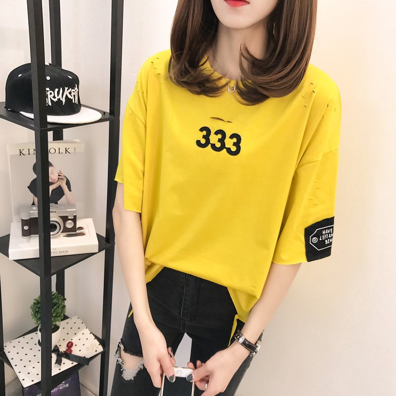 FINDSENSE G5 韓國時尚 個性 破洞 上衣 短袖 寬鬆 貼佈 繡花 女 T恤