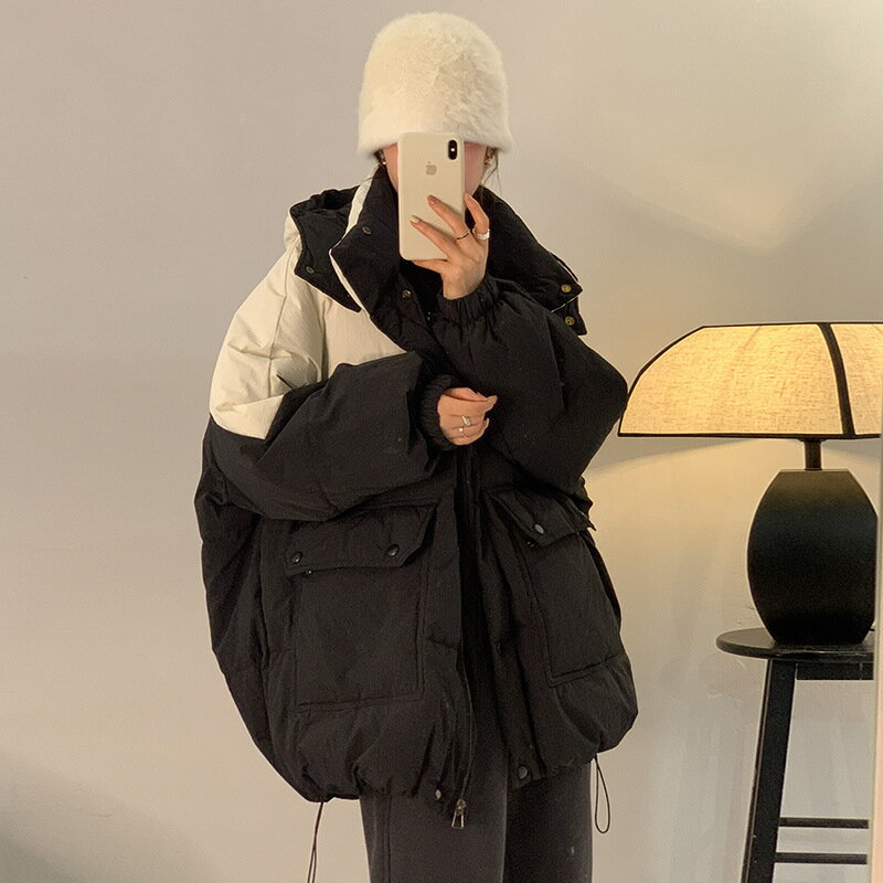 真 羽絨90%白鴨絨 羽絨衣白鴨絨外套-韓版撞色大口袋女夾克3色74gz42【獨家進口】【米蘭精品】