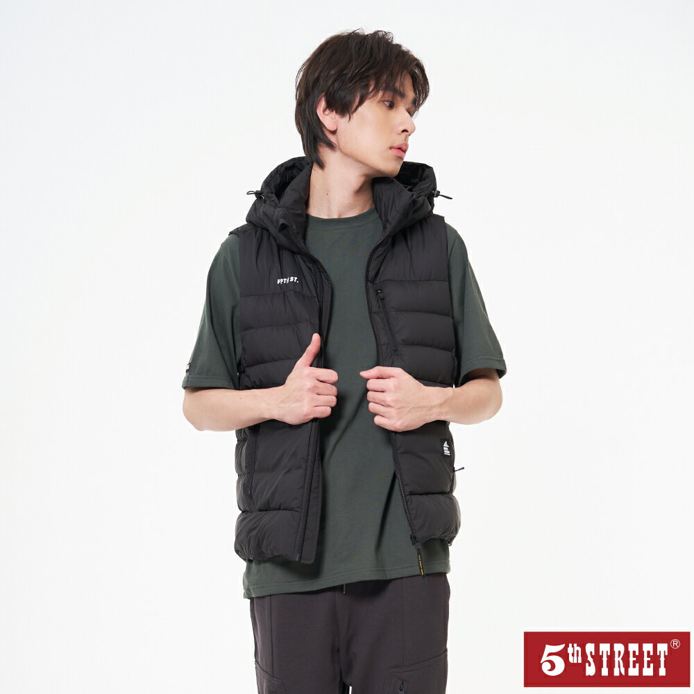 男修身可拆帽羽絨背心-黑色【5th STREET】【APP下單享4%點數】