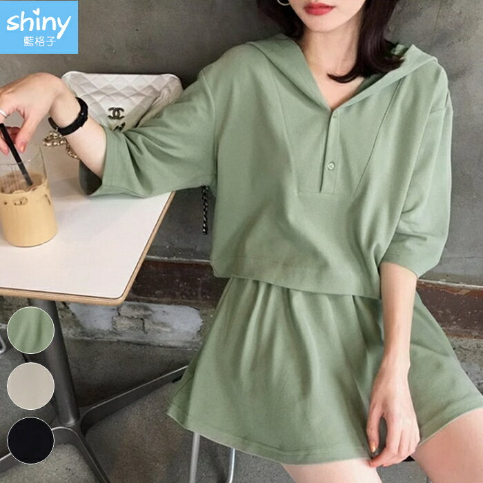 休閒減齡．素色連帽短T+鬆緊腰防走光短裙兩件式套裝-shiny藍格子【V5075】