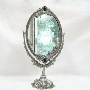 古錫色臺式雙面鏡 浮雕玫瑰花 歐式梳妝鏡子 橢圓鏡面化妝鏡